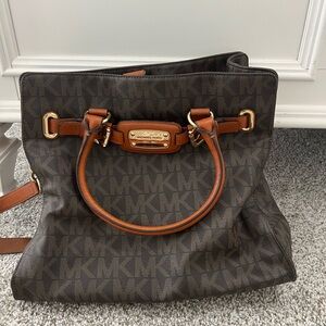 Michael Kors Dark Brown Shoulder Bag with Tan Accents